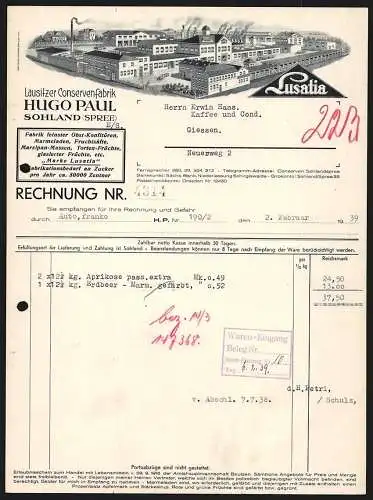 Rechnung Sohland /Spree 1939, Hugo Paul, Lausitzer Conservenfabrik Lusatia, Gesamtansicht des Betriebsgeländes