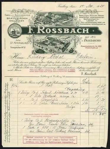 Rechnung Friedberg /Hessen 1924, F. Rossbach, Lackfabrik, Ansichten der zwei Werke, Schutzmarke