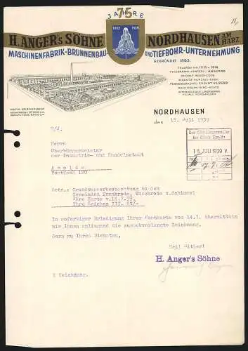 Rechnung Nordhausen 1939, H. Anger`s Söhne, Maschinenfabrik, Brunnenbau- und Tiefbohr-Unternehmen, Werksansicht