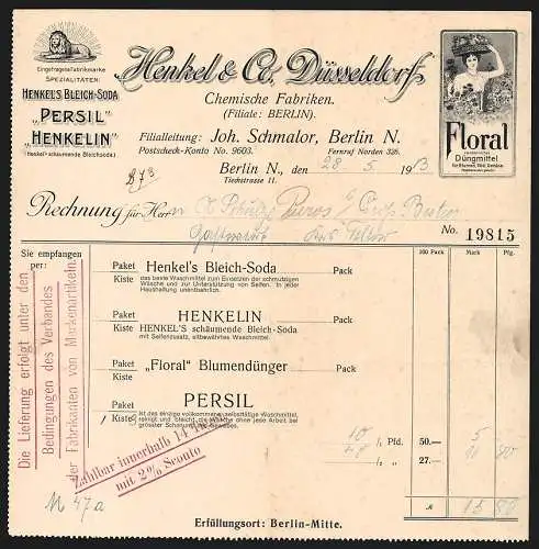 Rechnung Berlin 1913, Henkel & Co., Chemische Fabriken, Fabrikmarken Persil, Henkelin und Floral