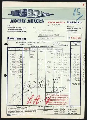 Rechnung Herford 1940, Adolf Ahlers, Wäschefabrik, Modellansicht der Geschäftsstelle