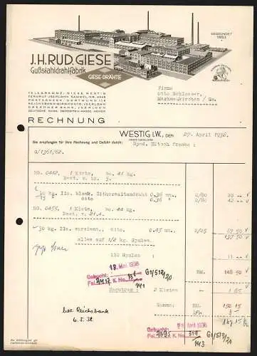 Rechnung Westig i. W. 1938, J. H. Rud. Giese, Gussstahldrahtfabrik, Modellansicht der Betriebsanlage, Fabrikmarke