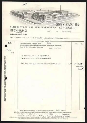 Rechnung Schleswig 1956, Gebr. Rasch, Fleischwaren- und Konservenfabrik, Modellansicht des Betriebsgeländes