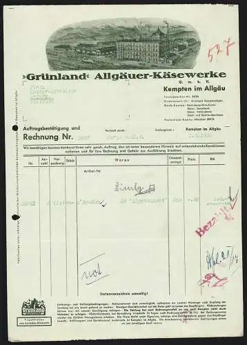 Rechnung Kempten im Allgäu 1939, Allgäuer Käsewerke GmbH Grünland, Das Fabrikgelände gegen die Berge