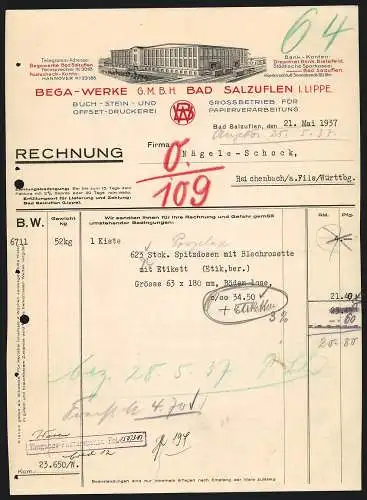 Rechnung Bad Salzuflen 1937, Bega-Werke GmbH, Grossbetrieb für Papierverarbeitung und Druckerei, Modellansicht des Werks