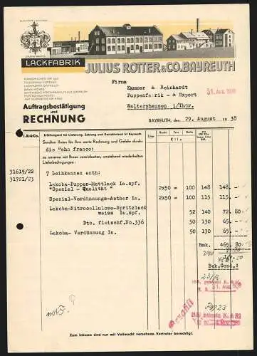 Rechnung Bayreuth 1938, Julius Rotter & Co., Lackfabrik, Ansicht des Geschäftsgeländes, Stammwappen