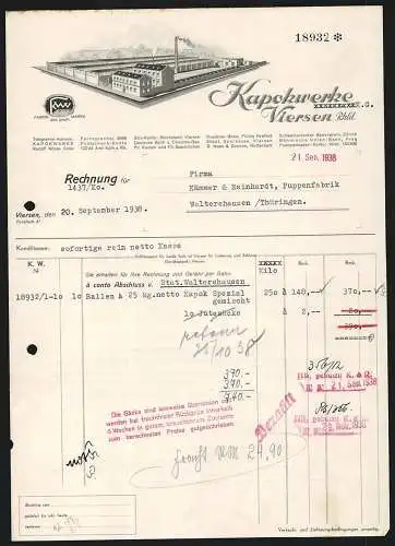 Rechnung Viersen /Rhld. 1938, Kapokwerke KG, Modellansicht der Fabrikanlage, KWV-Fabrikmarke