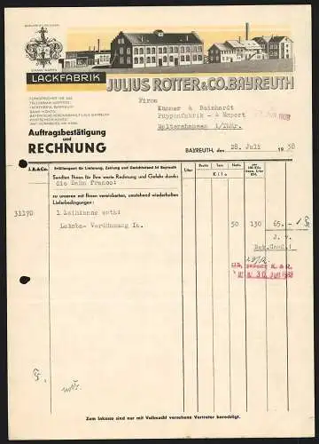 Rechnung Bayreuth 1938, Julius Rotter & Co., Lackfabrik, Ansicht des Geschäftsgeländes, das Stammwappen