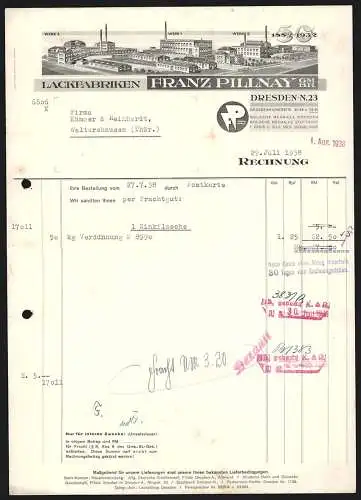 Rechnung Dresden 1938, Franz Pillnay GmbH, Lackfabriken, Modellansicht der drei Werke