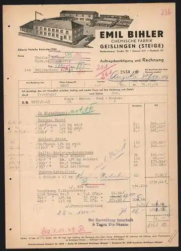 Rechnung Geislingen /Steige, Emil Bihler, Chemische Fabrik, Modellansicht des Betriebes mit Innenhof