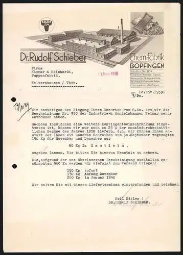 Rechnung Bopfingen 1939, Dr. Rudolf Schieber, Chemische Fabrik, Modellansicht des Werkes, Produktansicht