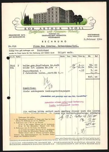 Rechnung Chemnitz-Wüstenbrand 1940, Rob. Arthur Stoll, Bettfedern- und Daunen-Fabrik, Modellansicht der Geschätfsstelle