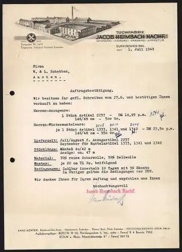 Rechnung Euskirchen-Rhl. 1949, Jacob Heimbach Nachf., Tuch- und Textilfabrik, Modellansicht und Fabriklogo