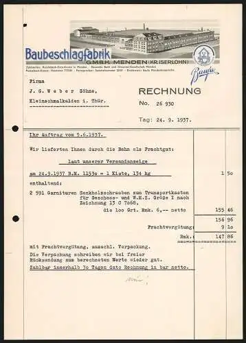 Rechnung Menden /Iserlohn 1937, Baubeschlagfabrik GmbH, Modellansicht des Betriebsgeländes, Schutzmarke Baufa