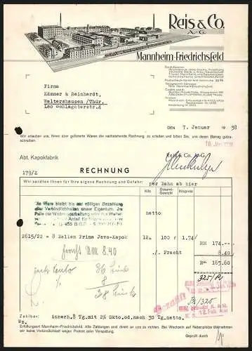 Rechnung Mannheim-Friedrichsfeld 1938, Reis & Co. AG, Kapokfabrik, Modellansicht des Werks mit eigener Gleisanlage