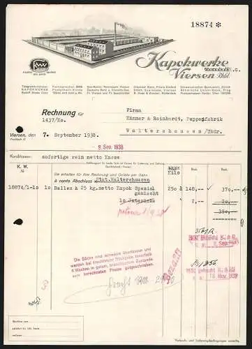 Rechnung Viersen /Rhld. 1938, Kapokwerke GmbH, Modellansicht der Fabrik und KWV Fabrikmarke