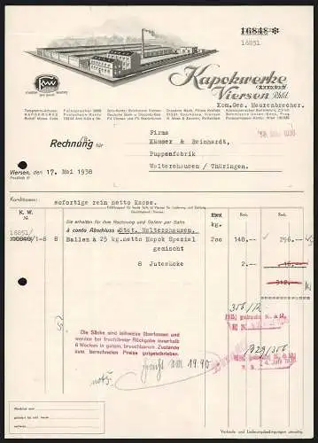 Rechnung Viersen /Rhld. 1938, Kapokwerke GmbH, Modellansicht der Fabrik und KWV Fabrikmarke