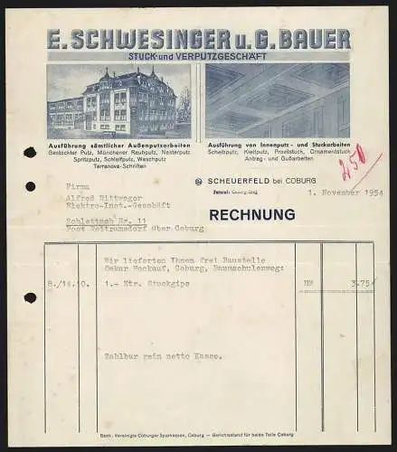 Rechnung Scheuerfeld bei Coburg 1954, E. Schwesinger & G. Bauer, Stuck- und Verputzgeschäft, Produktansichten