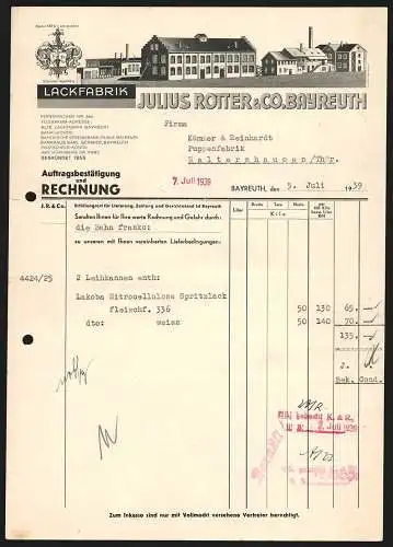 Rechnung Bayreuth 1939, Julius Rotter & Co., Lackfabrik, Modellansicht der Geschäftsstelle und das Stammwappen