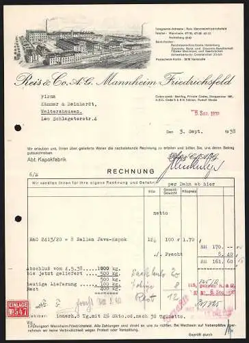 Rechnung Mannheim-Friedrichsfeld 1938, Reis & Co. AG, Kapokfabrik, Gesamtansicht des Betriebes mit Gleisanlage