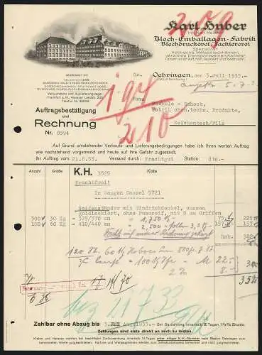 Rechnung Oehringen /Württemberg 1933, Karl Huber, Blech-Emballagen-Fabrik, Ansicht der Geschäftsstelle