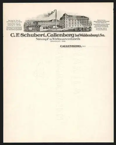 Rechnung Callenberg bei Waldenburg, C. F. Schubert, Strumpf- und Wirkwarenfabrik