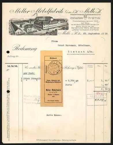 Rechnung Melle i. H. 1930, Meller Möbelfabrik GmbH, Gesamtansicht des Betriebes mit Verladebereich