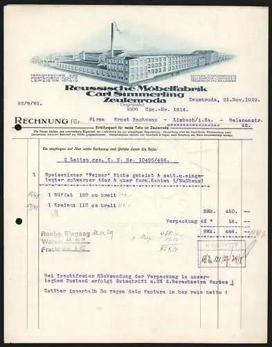 Rechnung Zeulenroda 1929, Carl Simmerling, Reussische Möbelfabrik, Blick auf das Fabrikgelände