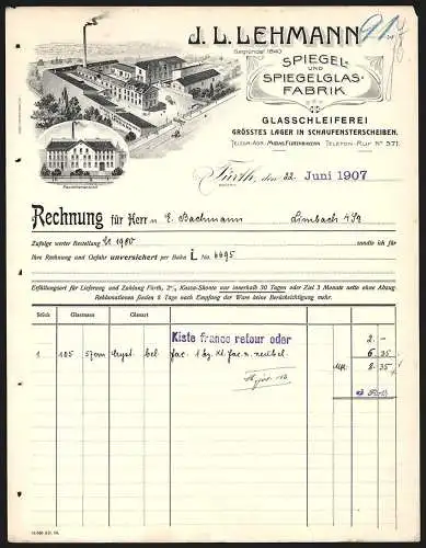 Rechnung Fürth 1907, J. L. Lehmann, Spiegel und Spiegelglas-Fabrik, Betriebsansicht mit Lagerplatz, Facettieranstalt