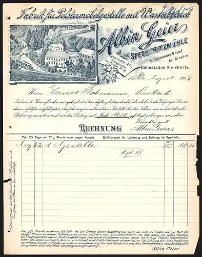 Rechnung Spechtritzmühle bei Dresden 1907, Albin Geier, Fabrik für Polstermöbelgestelle, Betriebsansicht am Fluss