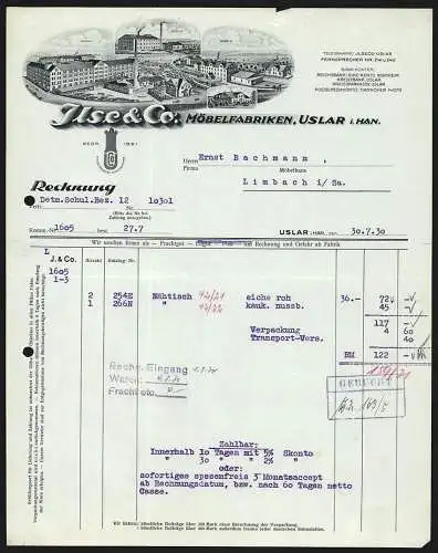 Rechnung Uslar i. Han. 1930, Ilse & Co., Möbelfabriken, Ansicht der drei Werke und der Geschäftsstelle