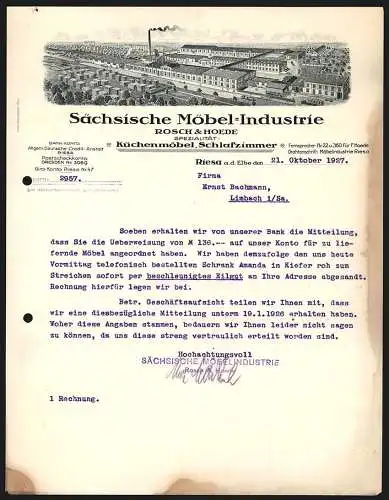 Rechnung Riesa a. d. Elbe 1927, Rosch & Hoede, Sächsische Möbel-Industrie, Das Betriebsgelände mit grossem Lagerplatz