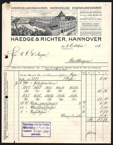 Rechnung Hannover 1916, Haedge & Richter, Werkzeug- und Eisenwaren-Fabrik, Werksgelände mit Betriebshof