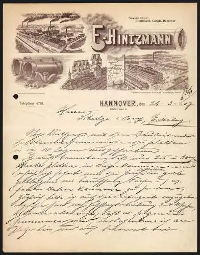 Rechnung Hannover 1907, Firmen E. Hintzmann, Thonwaarenindustrie GmbH Wiesloch, Steinzeugwarenfabrik Friedrichsfeld