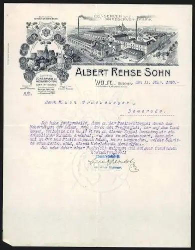 Rechnung Wülfel /Hannover 1910, Albert Rehse Sohn, Conserven- und Praeserven-Fabrik, Betriebsgelände und Messe-Medaillen