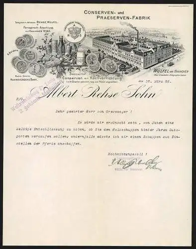 Rechnung Wülfel vor Hannover 1905, Albert Rehse Sohn, Conserven- und Praeserven-Fabrik, Geschäftsstelle und Medaillen