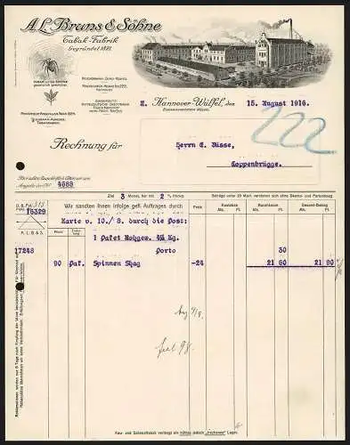 Rechnung Hannover-Wülfel 1916, A. L. Bruns & Söhne, Tabak-Fabrik, Blick auf das Betriebsgelände