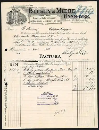 Rechnung Hannover 1910, Beckey & Miehle, Droguen, Colonialwaaren, Landesproducte & Farbwaaren, Das Geschäftshaus