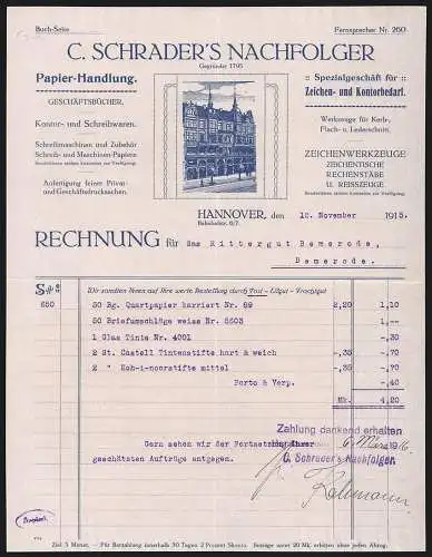 Rechnung Hannover 1915, C. Schrader`s Nachfolger, Papier- & Schreibwaren-Handlung, Blick auf die Ladenfront