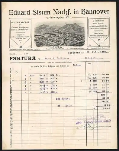 Rechnung Hannover 1912, Eduard Sisum Nachf., Depot der Bindfaden-Fabrik Immenstadt, Betriebsgelände gegen die Berge