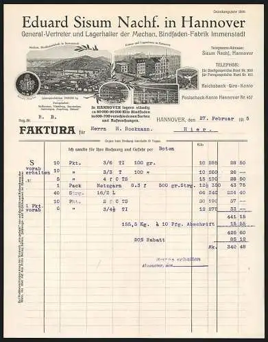 Rechnung Hannover 1915, Eduard Sisum Nachf., Depot der Bindfaden-Fabrik Immenstadt, Das Werk und die Lagerräume