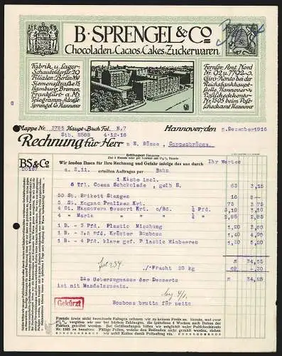 Rechnung Hannover 1916, B. Sprengel & Co., Chocoladen, Cacaos, Cakes, Zuckerwaaren, Kunstansicht der Betriebsstelle