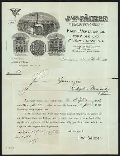 Rechnung Hannover 1908, J. W. Sältzer, Kauf- und Versandhaus für Mode- & Manufacturwaren, Betrieb und Verkaufshaus