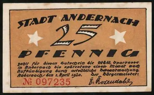 Notgeld Andernach, 1920, 25 Pfennig, Stadtansicht und Schriftzug Gottes Gnad und Allmacht schütze dich