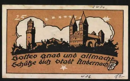 Notgeld Andernach, 1920, 25 Pfennig, Stadtansicht und Schriftzug Gottes Gnad und Allmacht schütze dich