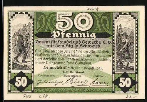 Notgeld Schweich 1921, 50 Pfennig, Verein für Handel und Gewerbe, Weinlese und Moselland