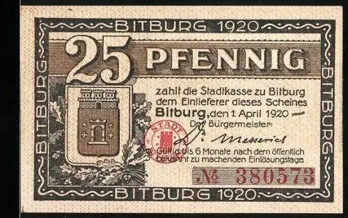 Notgeld Bitburg 1920, 25 Pfennig, Burgmotiv und Stadtwappen