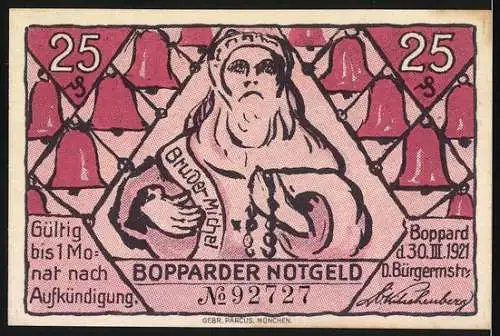 Notgeld Boppard, 1921, 25 Pfennig, Motiv mit Frau und Inschrift Im Unglück nicht preise des Glücklichen Loos