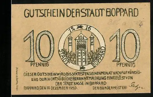 Notgeld Boppard, 1920, 10 Pfennig, Stadtwappen mit Tor und Gebäudeansicht