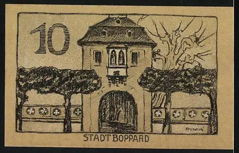 Notgeld Boppard, 1920, 10 Pfennig, Stadtwappen mit Tor und Gebäudeansicht